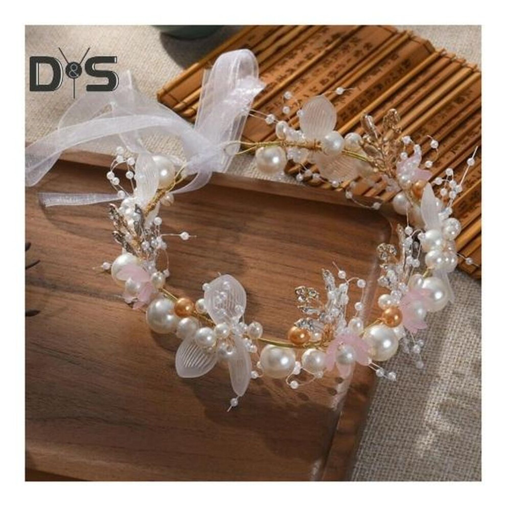 (pink) Kids Garland Headband with Ribbon Fastening Artificial Flower Decor Faux Pearls Princess Girl Garland Headdress