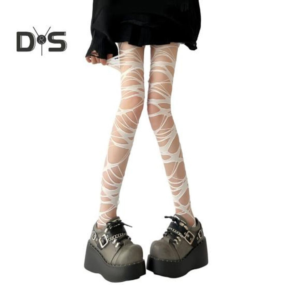 (white) Women Pantyhose Hollow Out Irregular Punk Gothic Ripped Holes Hot Girl Nightclub Party Skinny Elastic Solid Color Lady One-piece Long Stockings