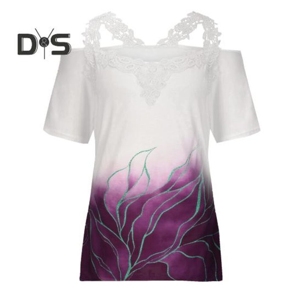 (XXL, purple) Women T-shirt V-Neck Lace Off-Shoulder Short Sleeve Casual Loose Tops Floral Print Formal Summer Tee Shirt