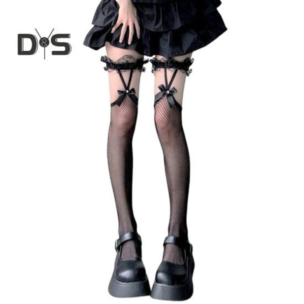 (black) 1 Pair Women Stockings See-through Ultra-thin Fishnet Lace Bow Decor High Elasticity Over-the-knee Skinny Solid Color Japanese Style Anti-slip Lady