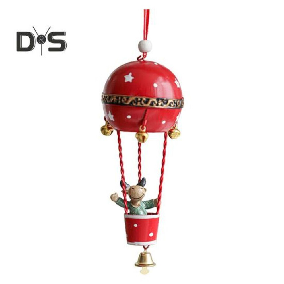 (red) Christmas Pendant Iron Hot Air Balloon Ornament with Bell Santa Claus Figurine Hot Air Balloon Hanging Decorations for Christmas Tree Table Fireplace