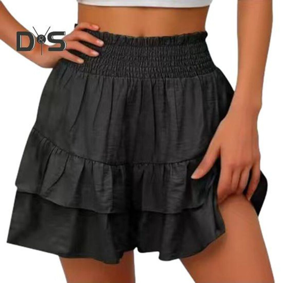 (black, L) High-Waisted Women Shorts Layer Ruffle Wide Leg Casual Skirt Shorts Solid Color Work Leisure Beach Shorts
