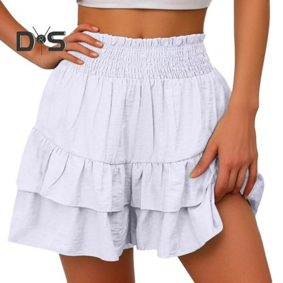 (white, L) High-Waisted Women Shorts Layer Ruffle Wide Leg Casual Skirt Shorts Solid Color Work Leisure Beach Shorts