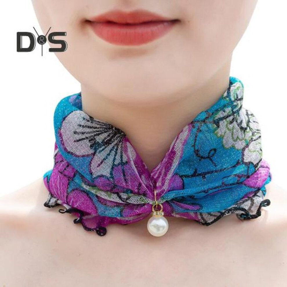 (as the picture, D) Women Sunscreen Neck Collar Faux Pearl Decor Organza Chiffon Scarf Printing Sheer Trim Loop Scarf Neck Accessory