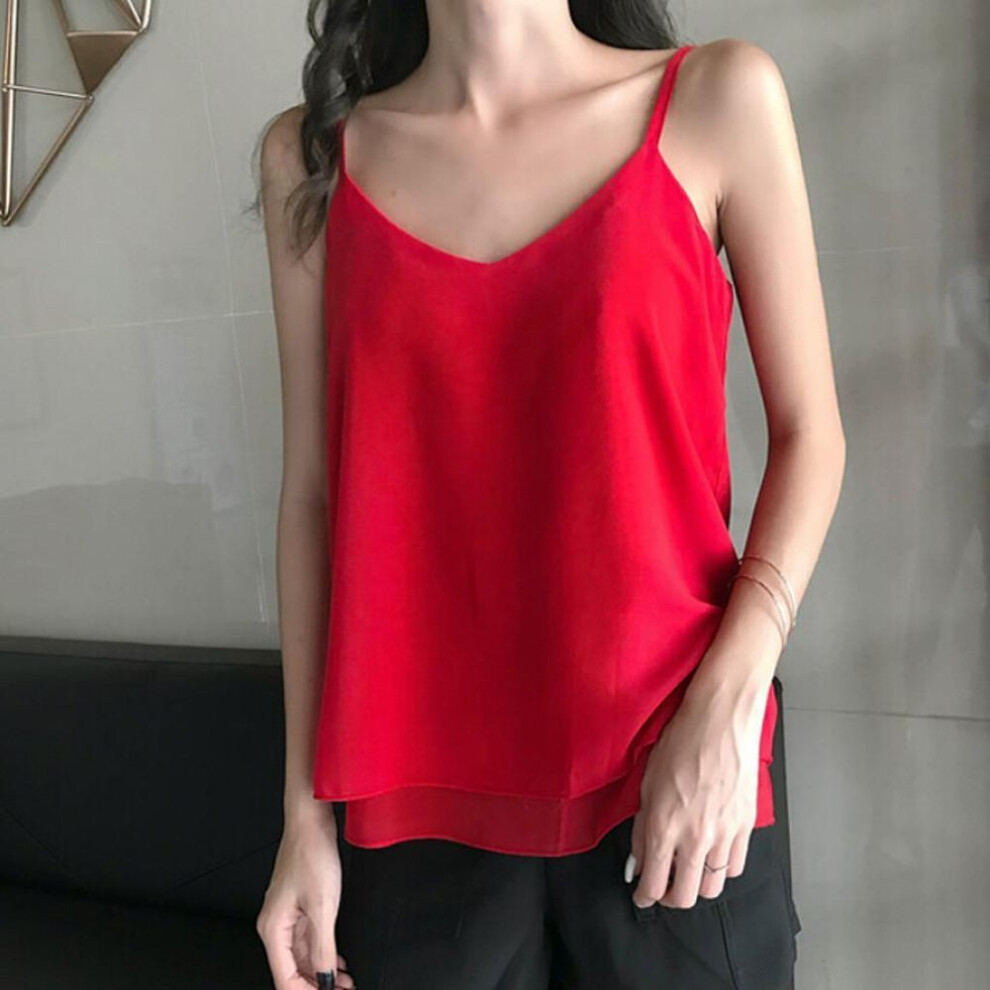 (XXXL, red) Fashion Women Chiffon V-neck Casual Sleeveless Camis Vest Solid Ladies Tops