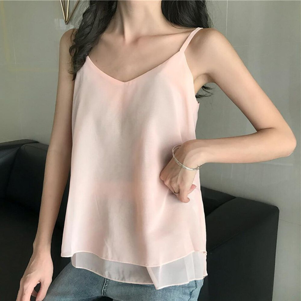 (XXL, pink) Fashion Women Chiffon V-Neck Casual Sleeveless Camis Vest Solid Ladies Tops
