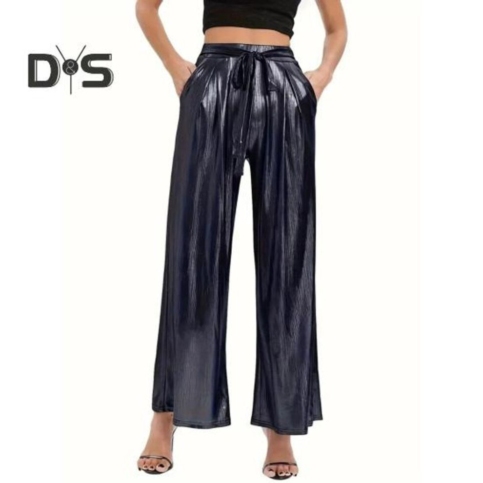 (black, M) Women Long Pants Elastic High Waist Lace-up Straight Wide Leg Casual Trousers with Pockets Glossy Surface Pants