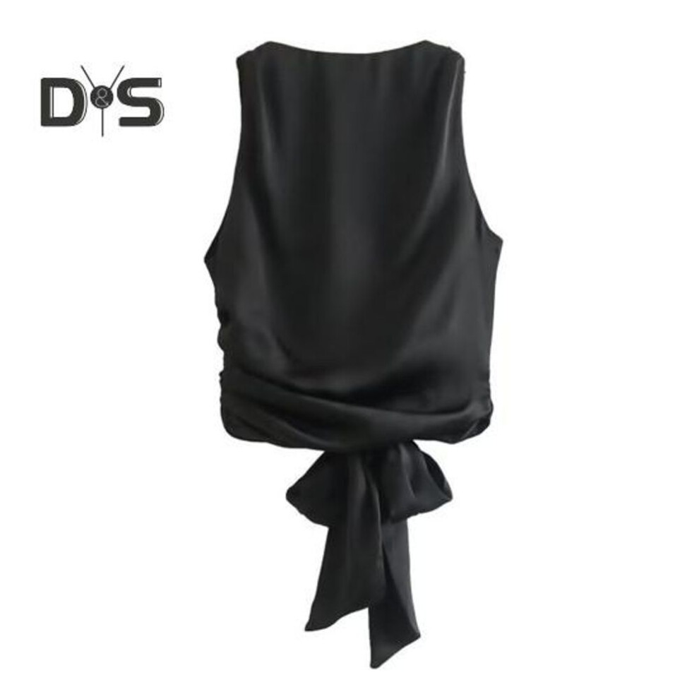 (S, black) Women Summer Vest Round Neck Sleeveless Backless Smooth Satin Texture Vest Top With Bow Tie Closure Tank Tops
