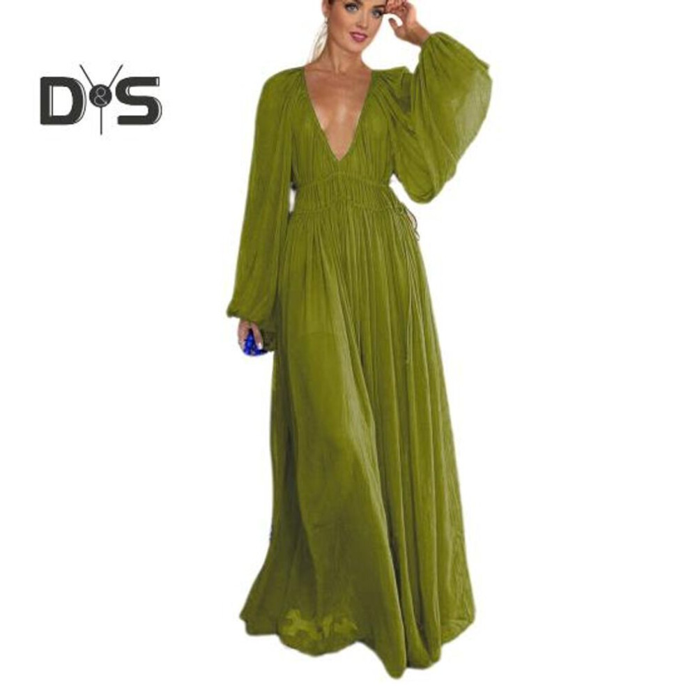 (green, S) Women Evening Dress Deep V Neck Pleated Long Sleeves Solid Color High Waist Vacation Beach Party Maxi Dress Prom Long Dress