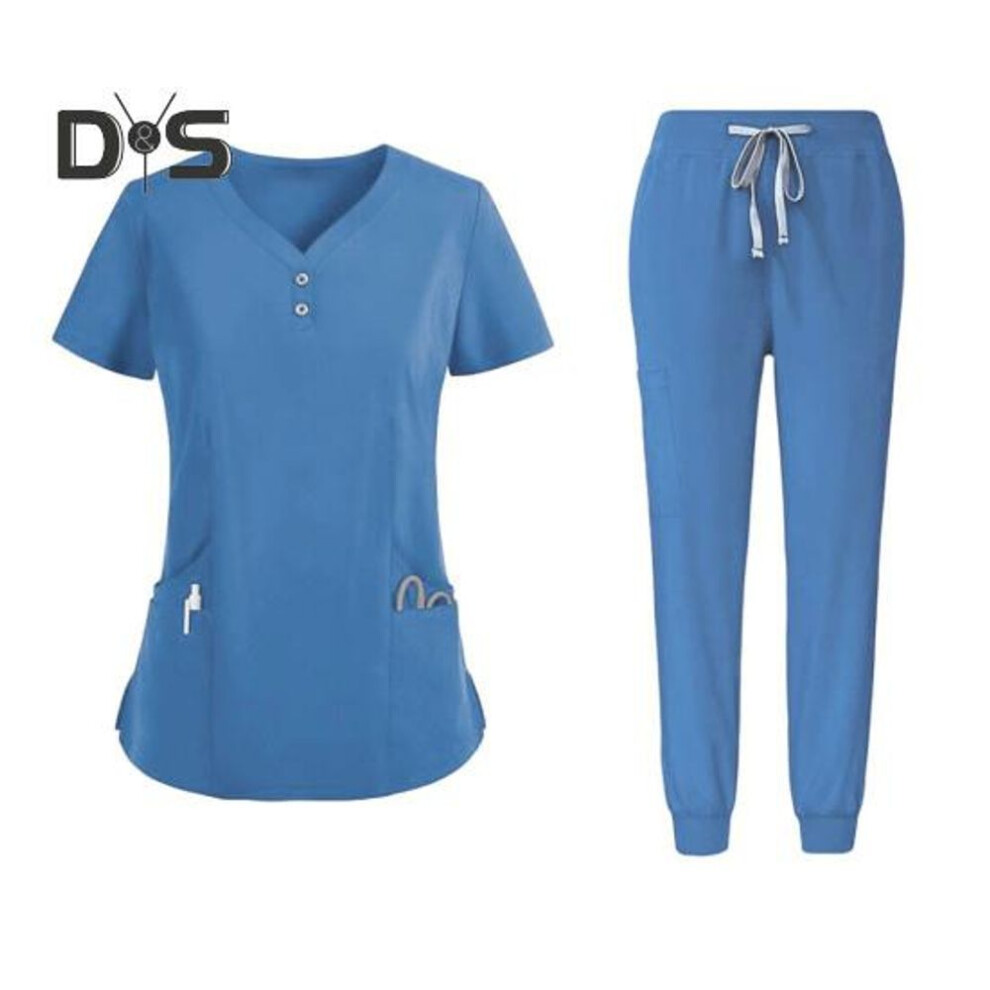 (blue, S) 2pcs/set Unisex Hospital Uniform Set V-neck Short Sleeve Pockets Tops Elastic Waist Pants Set Quick Drying Hospital Dental Nursing Scrubs Uniforms