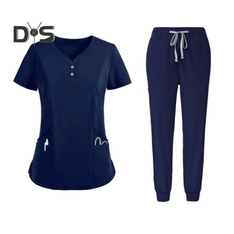 (navy blue, XL) 2pcs/set Unisex Hospital Uniform Set V-neck Short Sleeve Pockets Tops Elastic Waist Pants Set Quick Drying Hospital Dental Nursing Scrubs Uniforms
