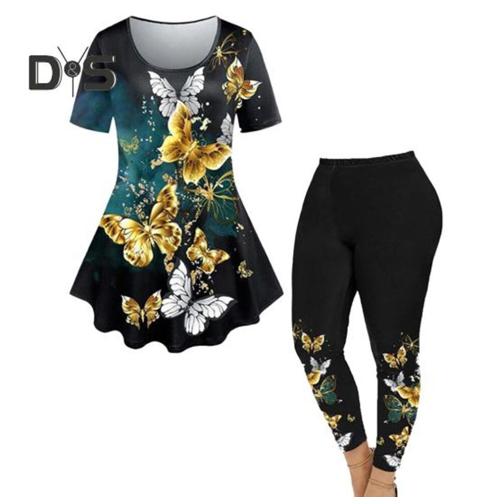 (black, M) 2pcs/set Women O Neck Short Sleeve Loose Hem Tops High Waist Leggings Yoga Pants Printing Sport Outfit Streetwear