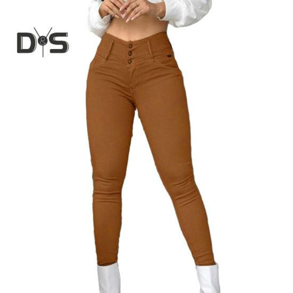 (brown, L) Women Solid Color Casual Long Pants High Waist Button Fly Slim Fit Leggings Hip Wrapped Office Tight Trousers