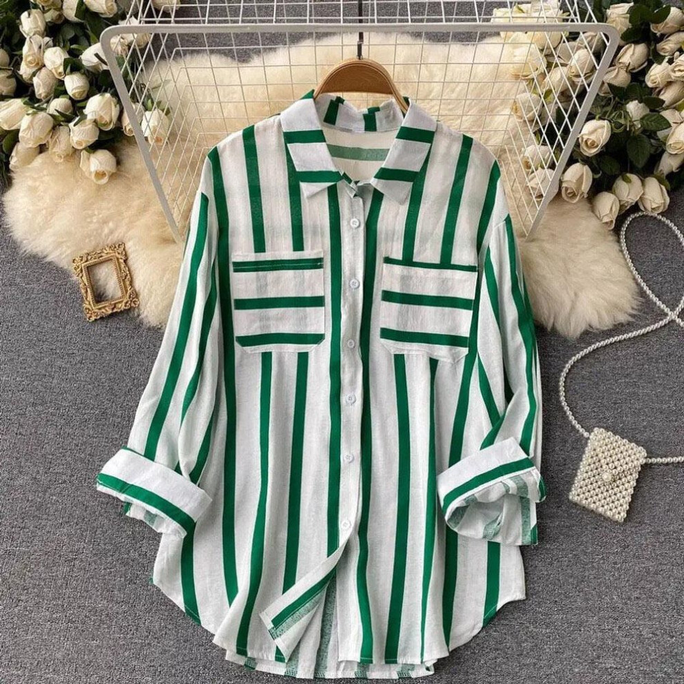 (S, green) YYFS Women's Fashion Casual Spring Autumn Stripe Print Long Sleeve POLO Neck Blouses & Shirts