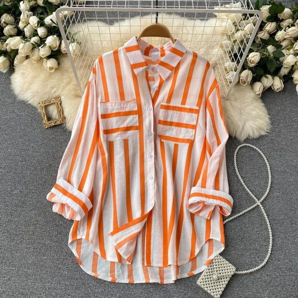 (XXXL, orange) YYFS Women's Fashion Casual Spring Autumn Stripe Print Long Sleeve POLO Neck Blouses & Shirts