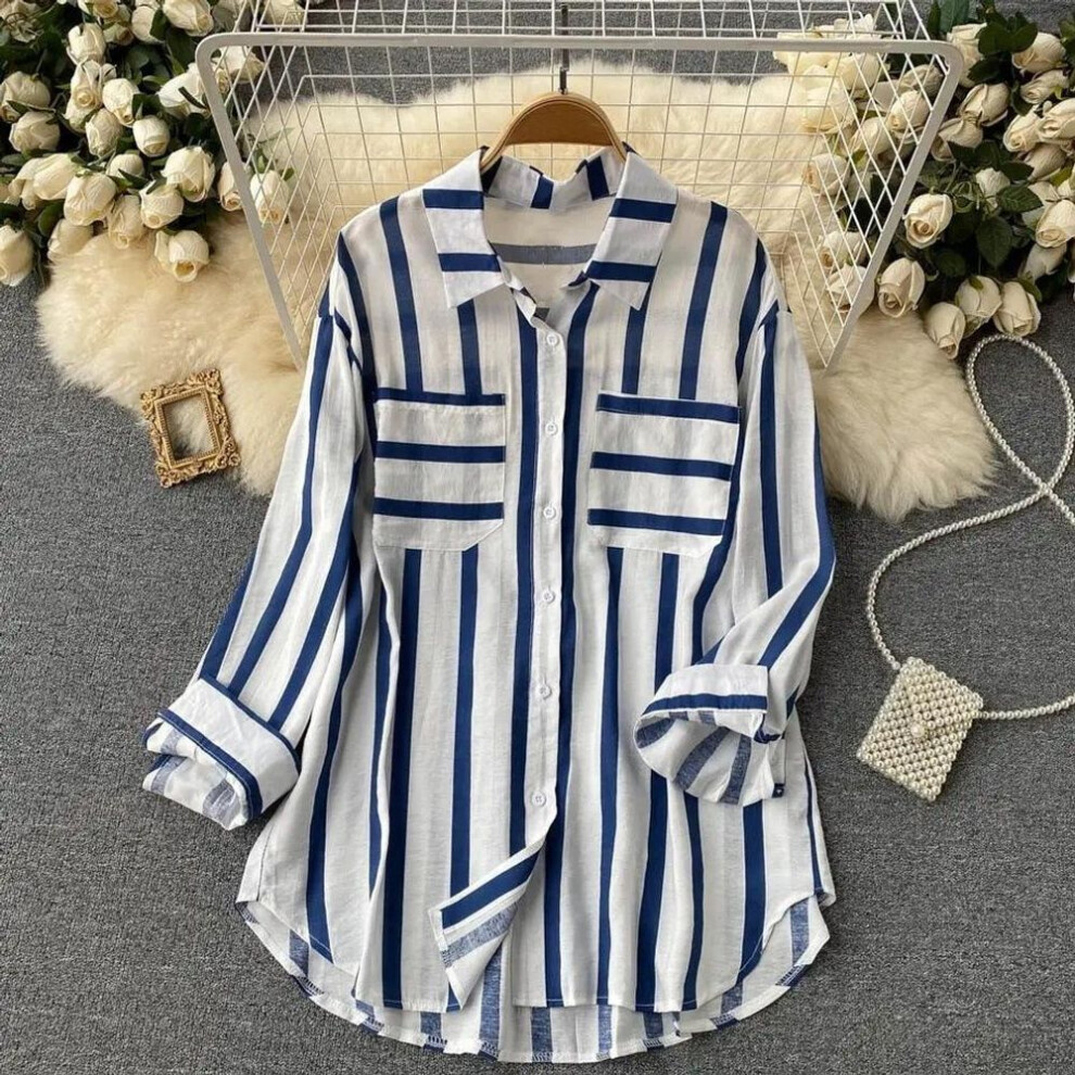 (XXL, blue) YYFS Women's Fashion Casual Spring Autumn Stripe Print Long Sleeve POLO Neck Blouses & Shirts