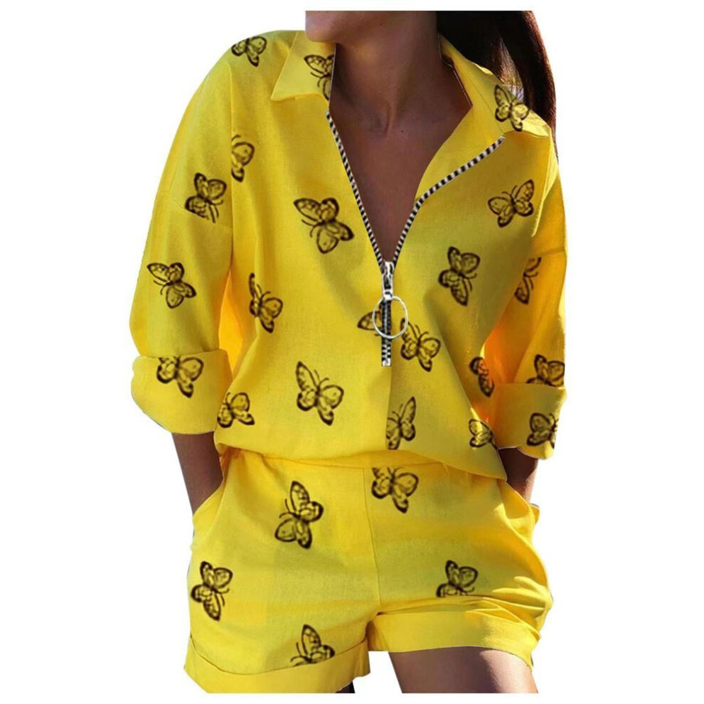 (yellow, Butterfly, 4XL) 2023 Women's Floral Zipper Shirt And Shorts Set - European & American Style
