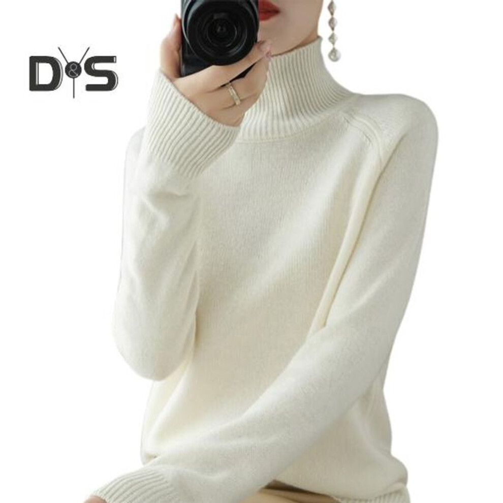 (XXL, white) Women Sweater High Collar Long Sleeve Ribbed Trim Knitting Tops Solid Color Loose Fit Thickened Bottoming Tops