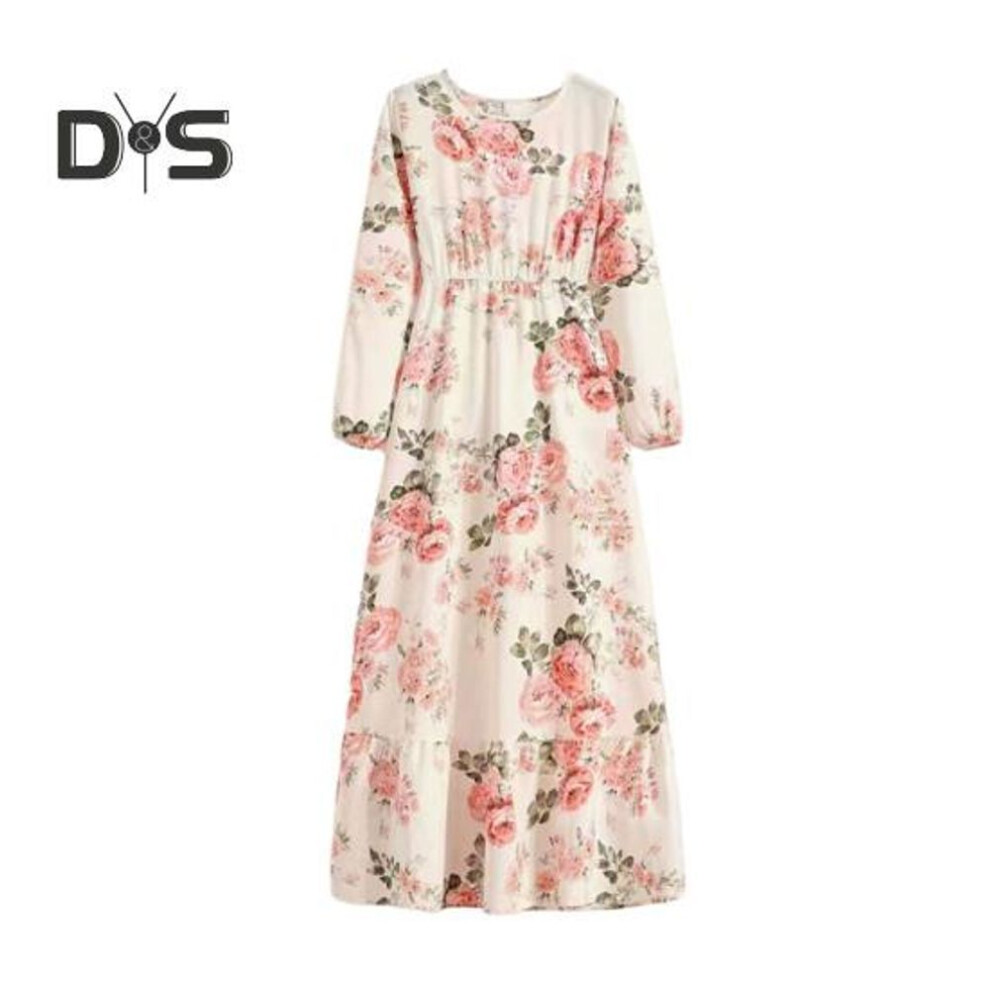 (pink, XL) Women O neck Long Sleeve Maxi Dress Elastic High Waist Loose Hem Floral Print A Line Dress Streetwear