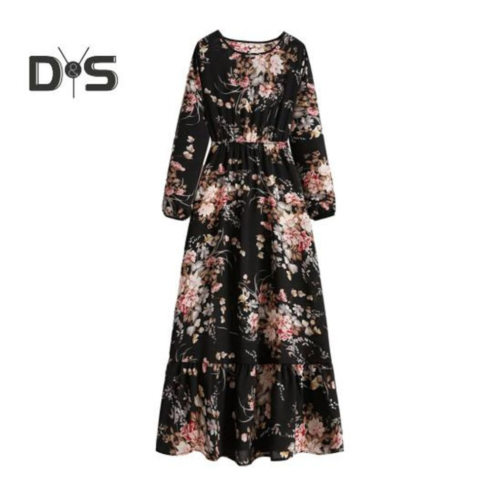 (black, L) Women O neck Long Sleeve Maxi Dress Elastic High Waist Loose Hem Floral Print A Line Dress Streetwear