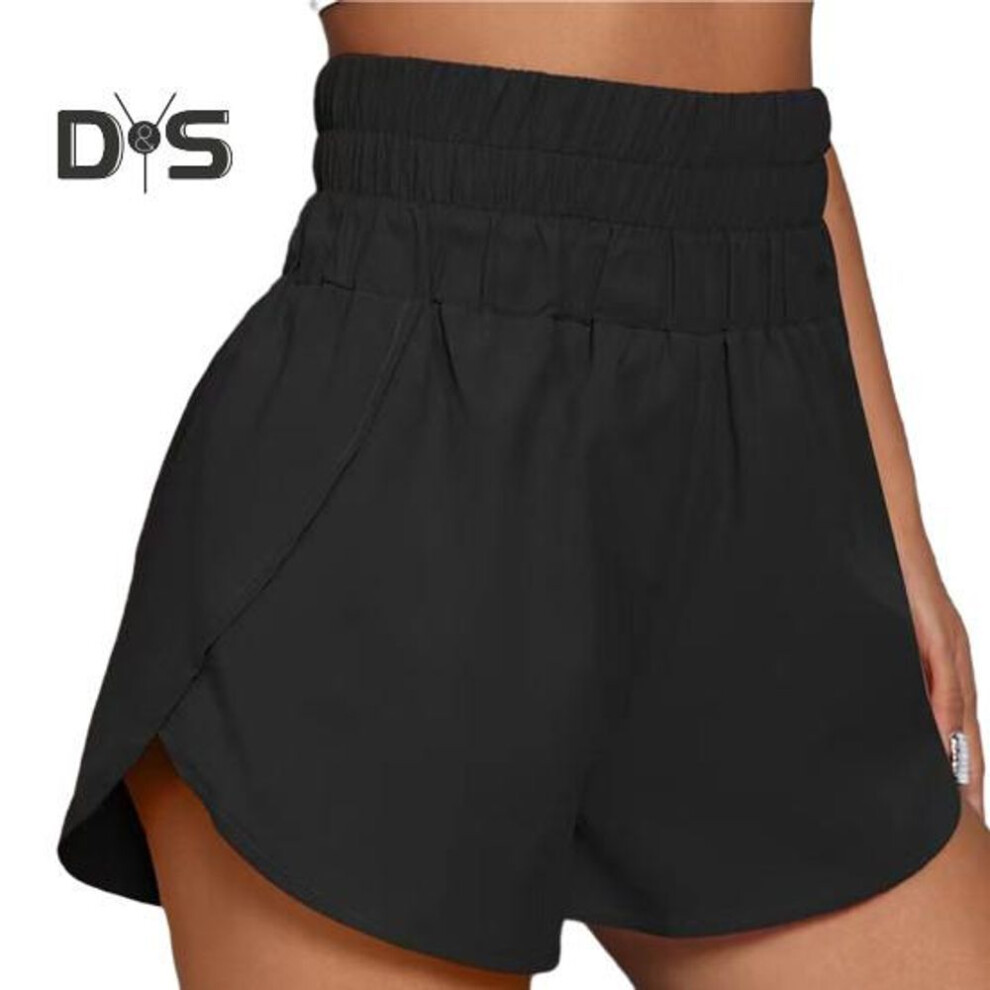 (black, S) Women Summer Shorts Sports Shorts High Elastic Waist Loose Soft Quick Dry Breathable Split Hem Lady Jogging Gum Mini Shorts