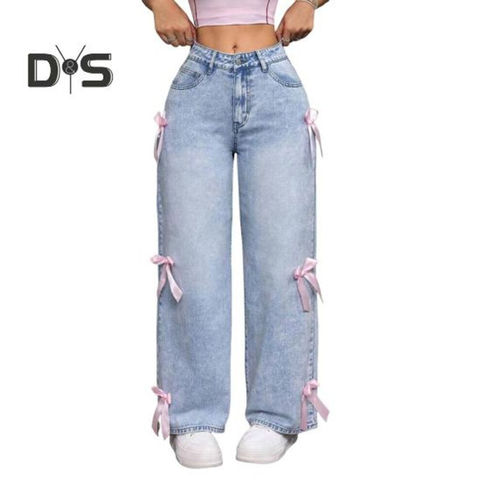 (light blue, S) Women's Wide Leg Jeans with Bow Tie Decoration High Waisted Straight Leg Denim Pant Casual Baggy Jean Trousers