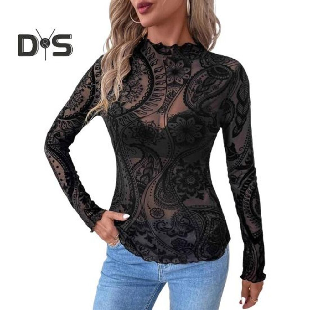 (S, black) Women Tops Round Neck Long Sleeve Slim Fit Spring Autumn Pullover Tops See-through Geometric Lace Flower Mesh T-shirt