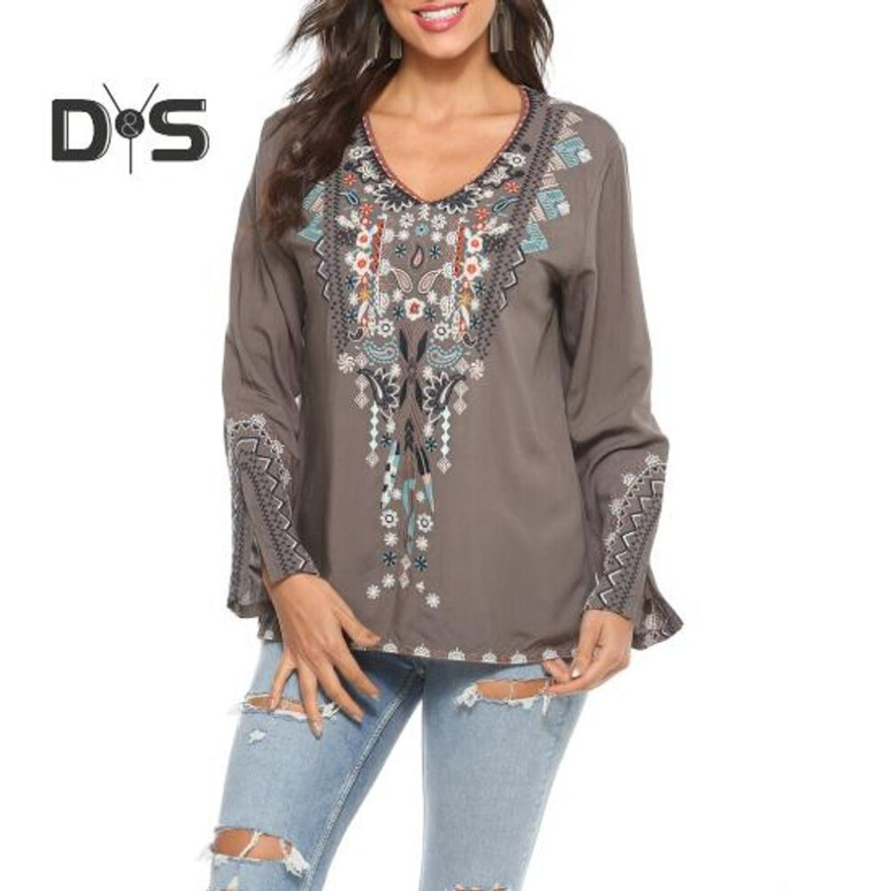 (L, grey) Boho Style Women Shirt with Embroidery Flower Pattern Flared Long Sleeve V-Neck Pullover Tops Casual Office Travel Wear
