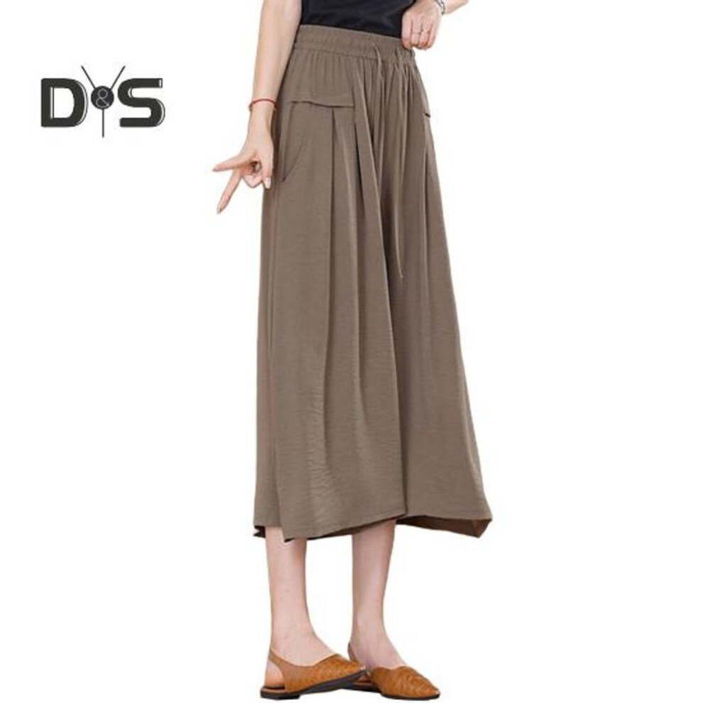 (coffee, M) Women Cropped Pants Solid Color Wide-leg Elastic Waist Casual Trousers With Pockets Loose Fit Pants Daily Wear