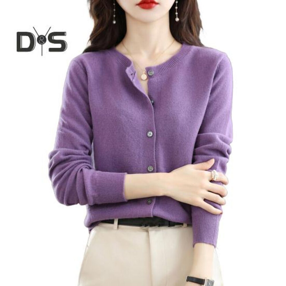 (S, purple) Women Sweater Cardigan Round Neck Long Sleeve Imitation Cashmere Sweater Coat Buttons Placket Knitting Outerwear
