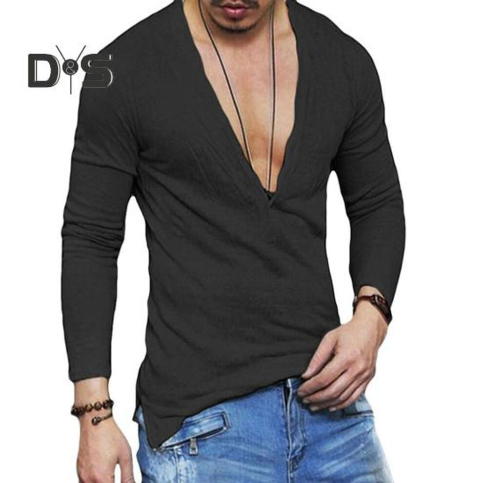 (black, 2XL) Men T-shirt V-neck Buttons Half Placket Long Sleeve Tee Shirt Solid Color Slim Fit Regular Style Breathable Tops