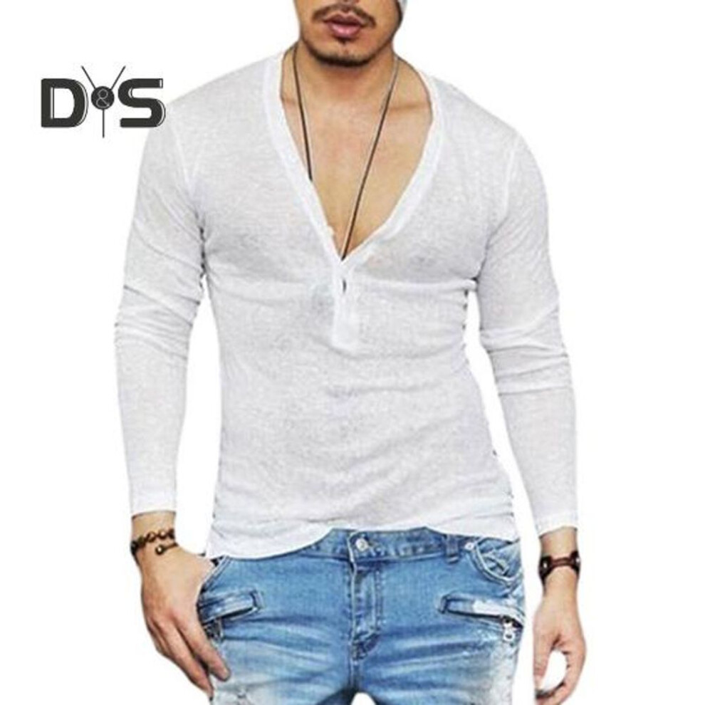 (white, S) Men T-shirt V-neck Buttons Half Placket Long Sleeve Tee Shirt Solid Color Slim Fit Regular Style Breathable Tops