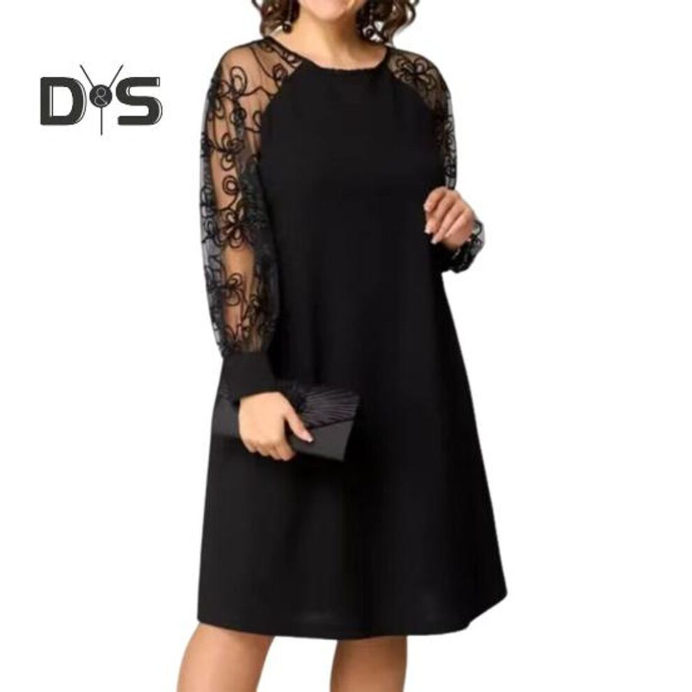 (black, XXXXXL) Women's Lace Patchwork Dress Crew Neck Long Sleeve Loose Dress Summer Casual A-line Midi Dress for Daily Vacation