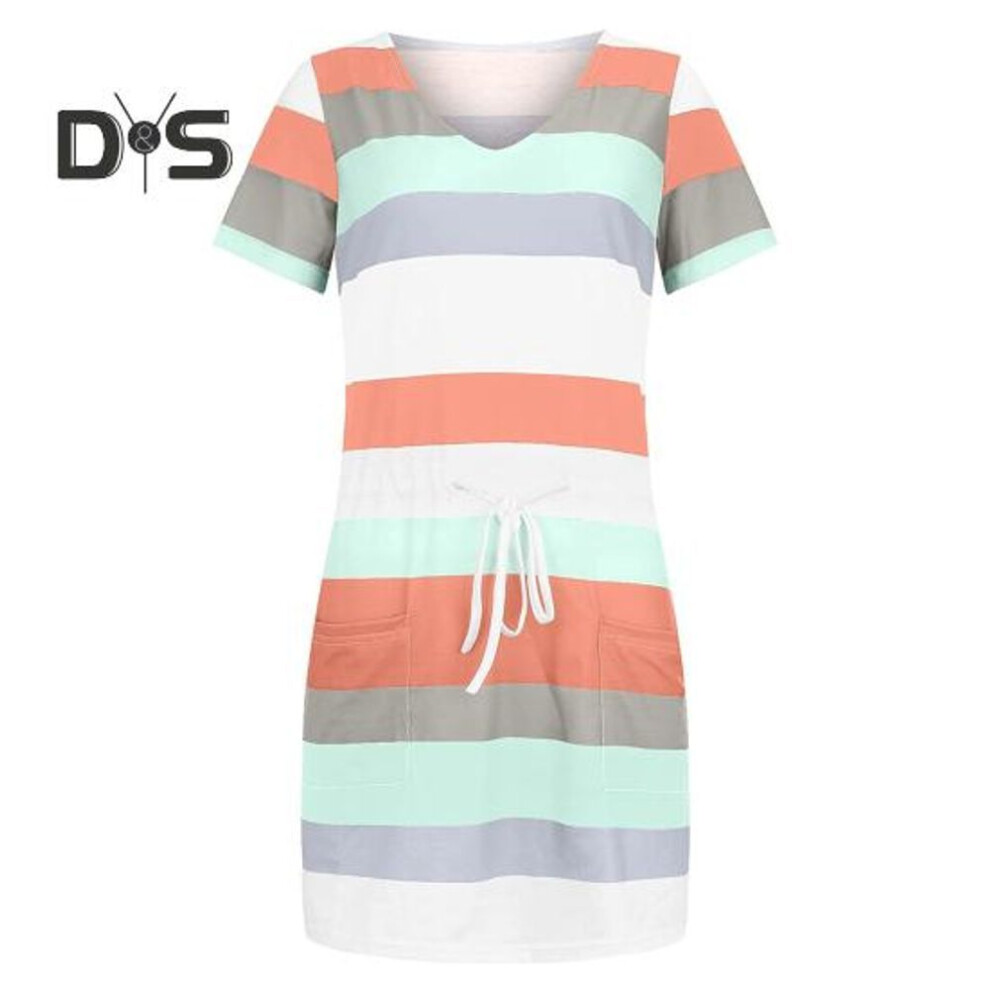 (pink, XXL) Women's Summer Dress Striped V-neck Short Sleeve T-Shirt Dress Casual Tie Wasit Mini Dress with Pockets
