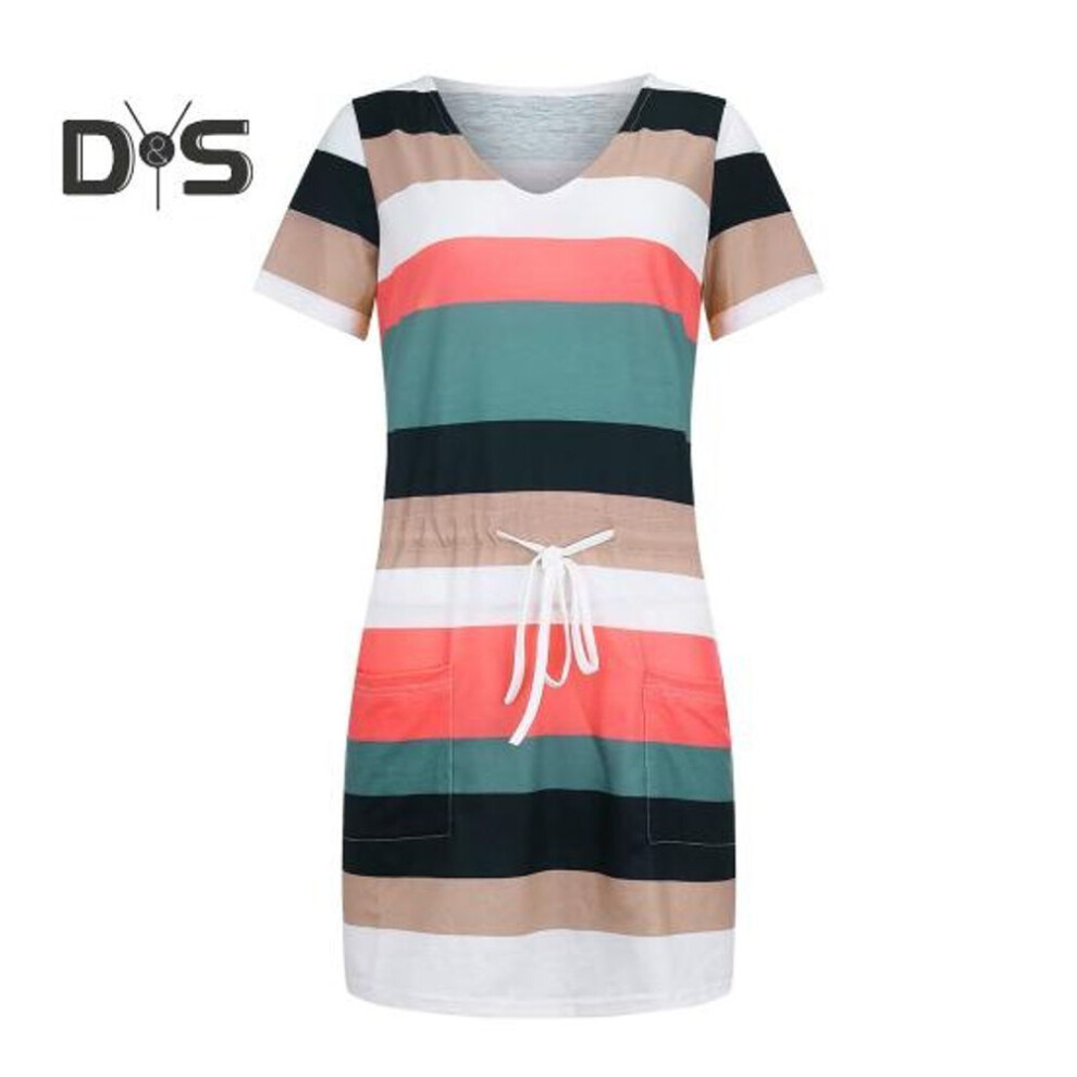 (dark green, XL) Women's Summer Dress Striped V-neck Short Sleeve T-Shirt Dress Casual Tie Wasit Mini Dress with Pockets