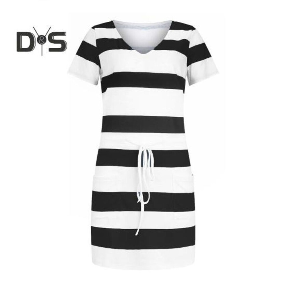 (black, XL) Women's Summer Dress Striped V-neck Short Sleeve T-Shirt Dress Casual Tie Wasit Mini Dress with Pockets