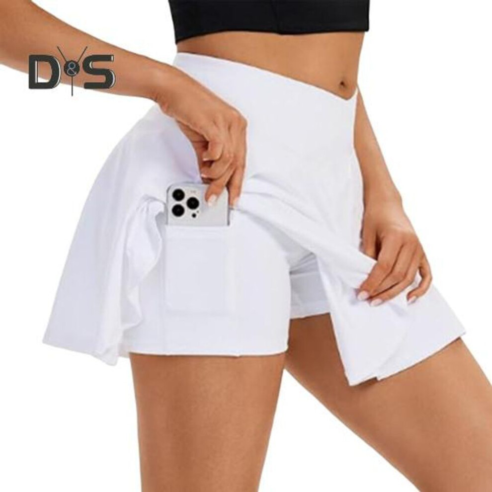 (S, white) Women Yoga Skort A-Line Style Yoga Sport Skirt with Liner Solid Color Comfortable Fabric Versatile Skirt