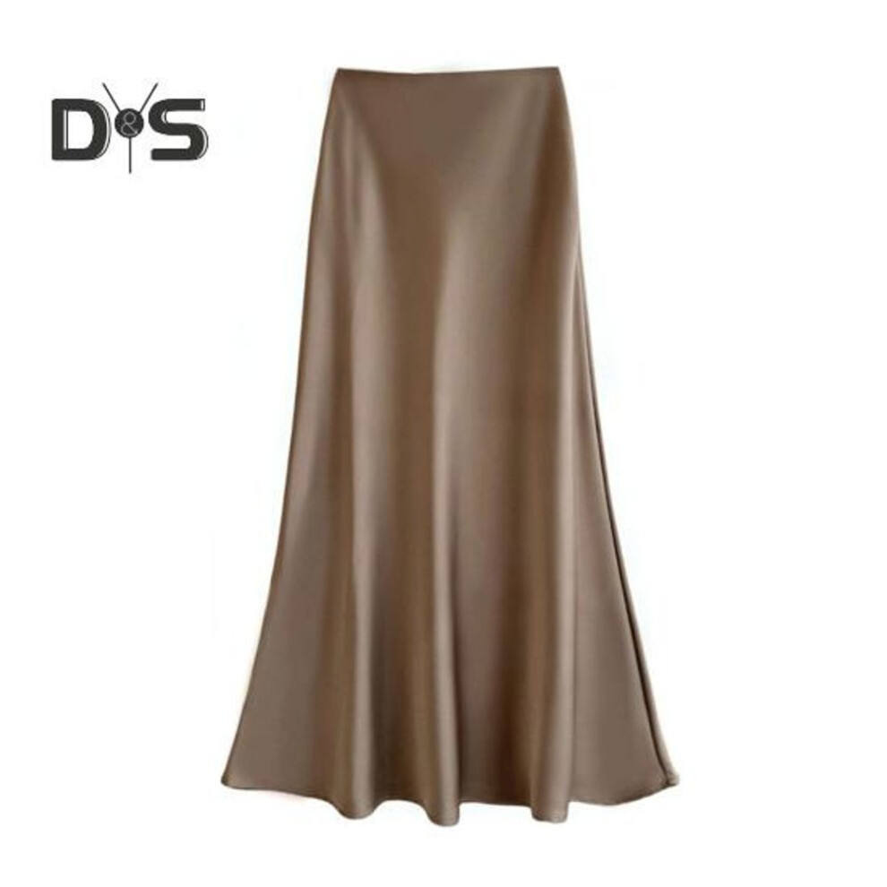 (M, khaki) Fishtail Skirt High Waist Smooth Satin A-Line Style Solid Color Skirt Women Spring Summer Hip Wrapped Skirt