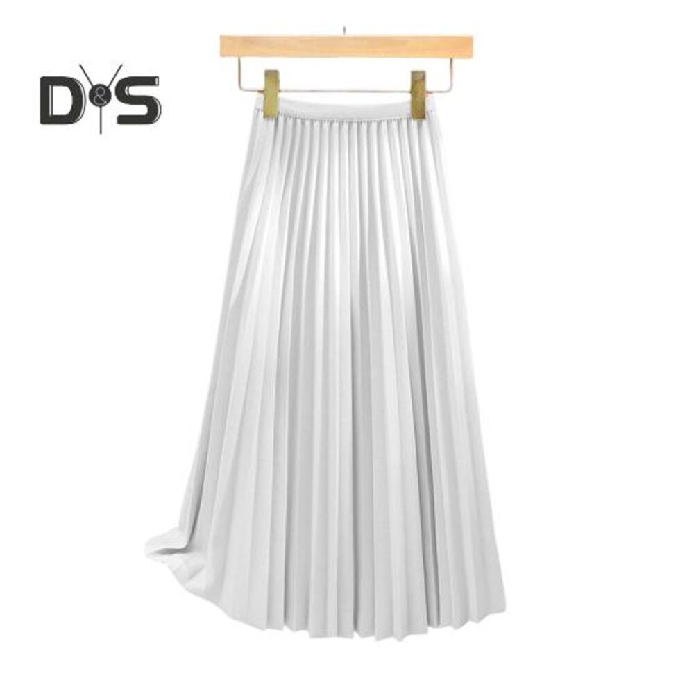 (XXXL, white) Women Pleated Skirt Elastic High Waist A-line Long Skirt Solid Color Comfortable Fabric Versatile Skirt Daily Wear