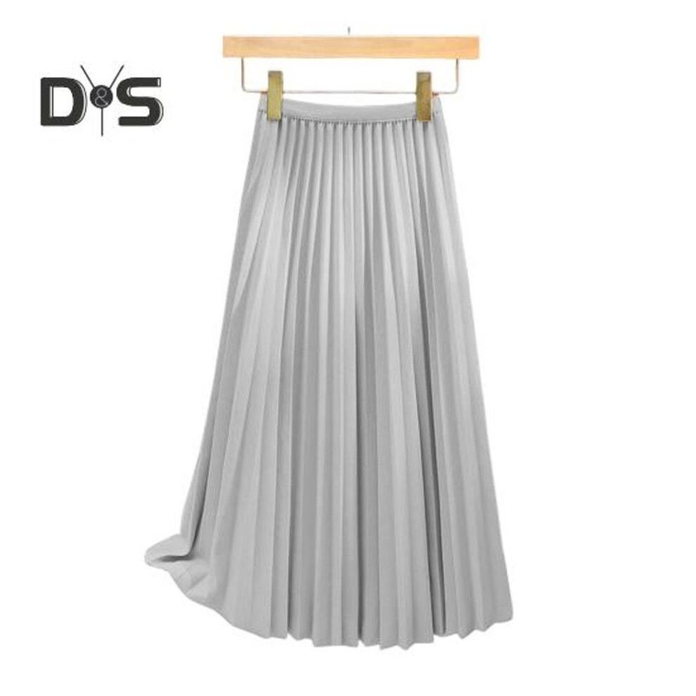 (XXL, silver) Women Pleated Skirt Elastic High Waist A-Line Long Skirt Solid Color Comfortable Fabric Versatile Skirt Daily Wear