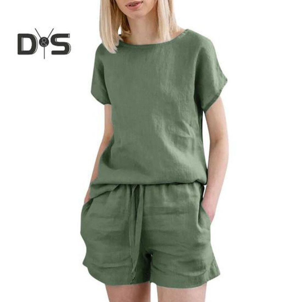 (army green, 2XL) Women's Two Piece Set Cotton Linen Summer Matching Lounge Set Casual Crew Neck Top Short Suit with Drawstring Waist for Home Wear