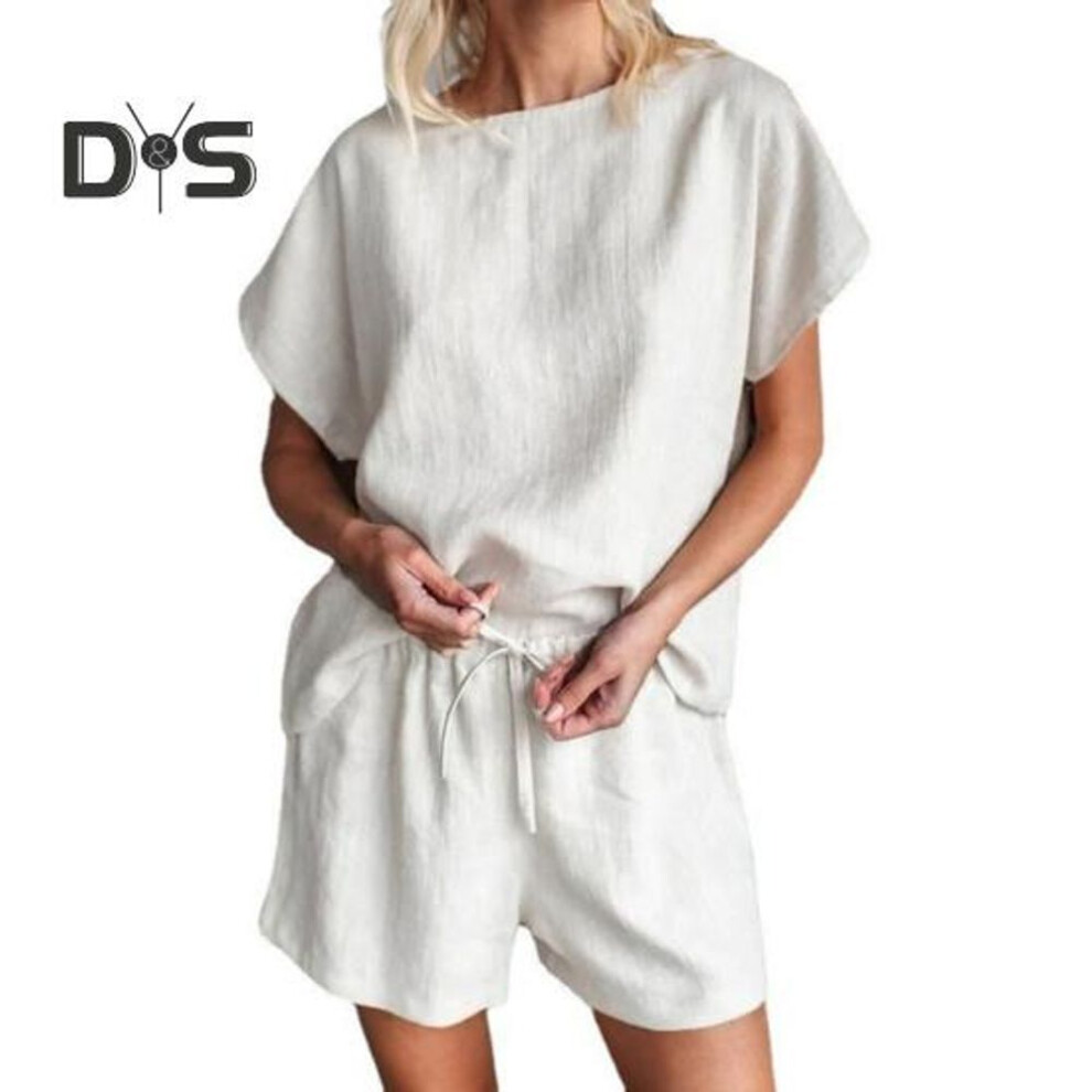 (apricot, M) Women's Two Piece Set Cotton Linen Summer Matching Lounge Set Casual Crew Neck Top Short Suit With Drawstring Waist For Home Wear