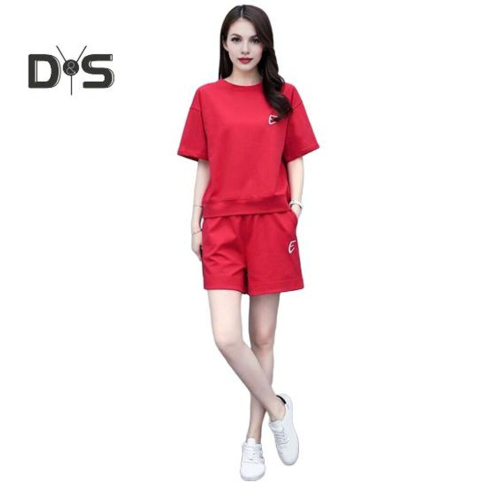 (red, XL) 2 Piece Outfits For Women Summer Crewneck Short Sleeve Top Short Sweatpant Set Casual Tracksuit Jogger Lounge Set
