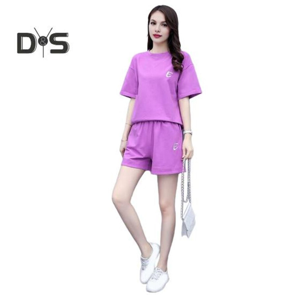 (purple, 2XL) 2 Piece Outfits for Women Summer Crewneck Short Sleeve Top Short Sweatpant Set Casual Tracksuit Jogger Lounge Set