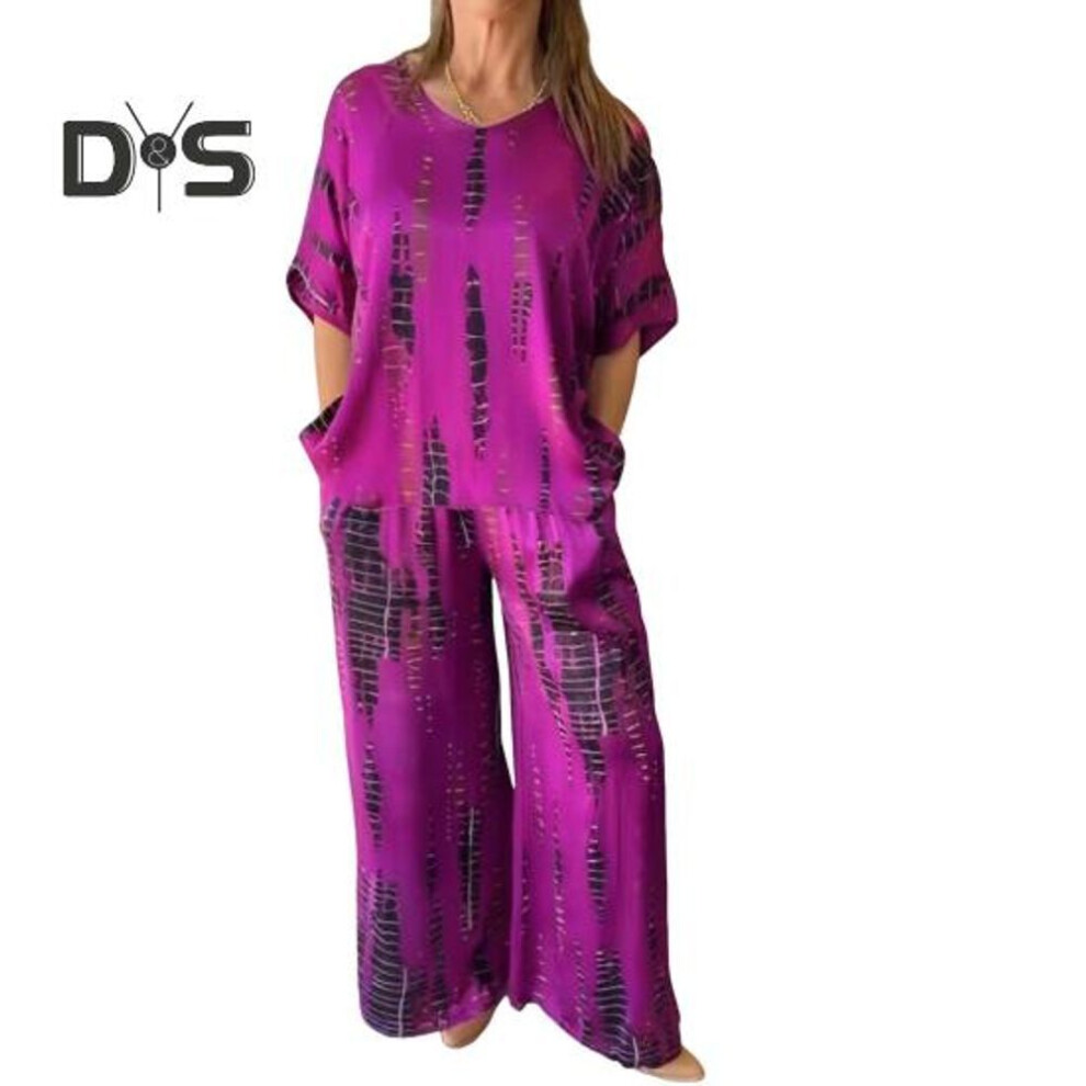 (purple, 3XL) Women Plus Size Two Piece Set Summer Casual Crew Neck Short Sleeve Top Wide Leg Pants Set Loose Outfit for Spring Summer Autumn