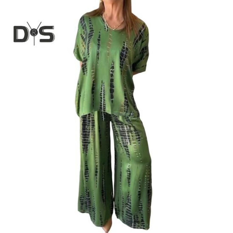 (dark green, L) Women Plus Size Two Piece Set Summer Casual Crew Neck Short Sleeve Top Wide Leg Pants Set Loose Outfit for Spring Summer Autumn