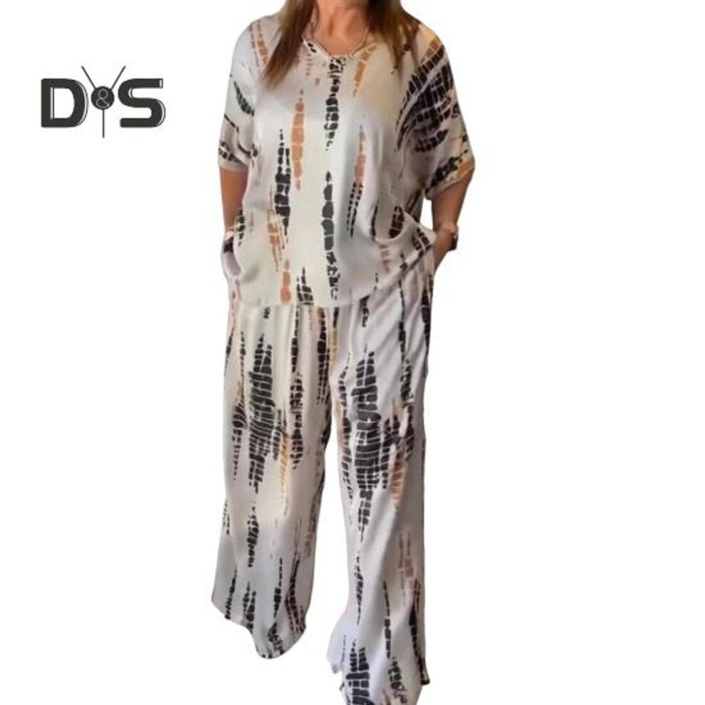 (apricot, 3XL) Women Plus Size Two Piece Set Summer Casual Crew Neck Short Sleeve Top Wide Leg Pants Set Loose Outfit for Spring Summer Autumn