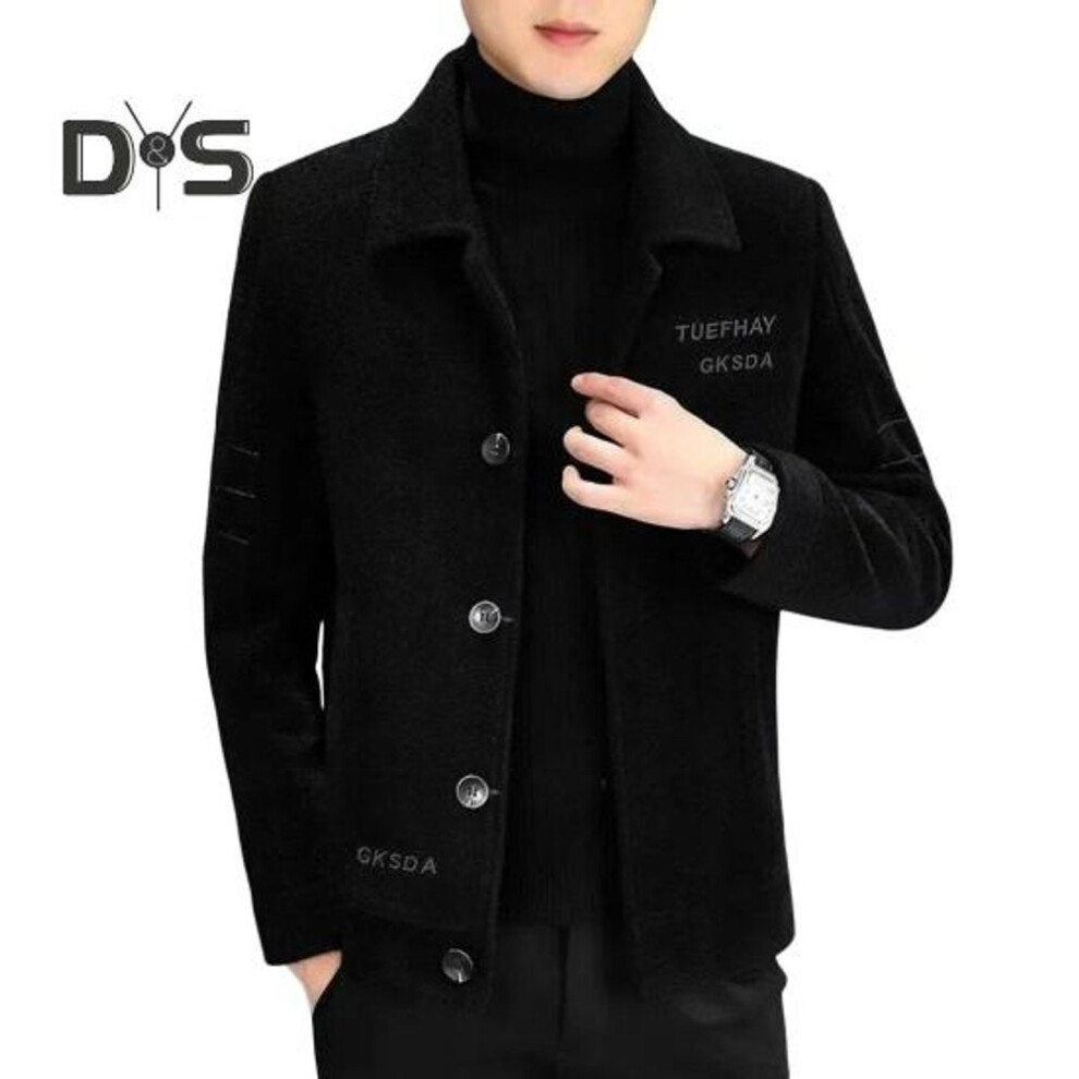 (black, XXXL) Men Woolen Jacket Lapel Long Sleeve Single Breasted Jacket Coat with Pockets Solid Color Thickened Plush Lining Cardigan Outwear