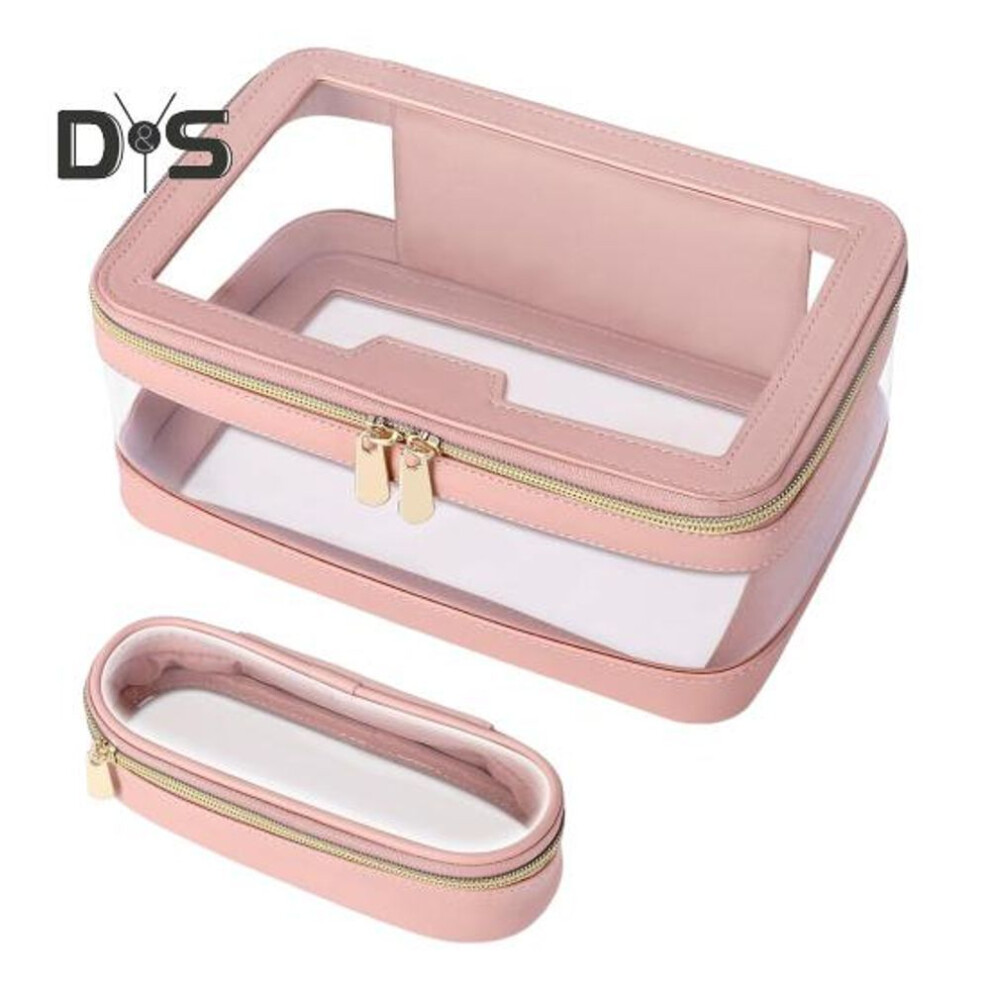 (pink) 2 Pcs/Set Clear Cosmetic Bag Zipper Closure Waterproof Large Capacity Portable Lightweight Lipstick Eyebrown Pencil Makeup Brush Travel Makeup Pouch