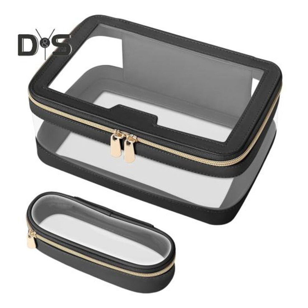 (black) 2 Pcs/set Clear Cosmetic Bag Zipper Closure Waterproof Large Capacity Portable Lightweight Lipstick Eyebrown Pencil Makeup Brush Travel Makeup Pouch